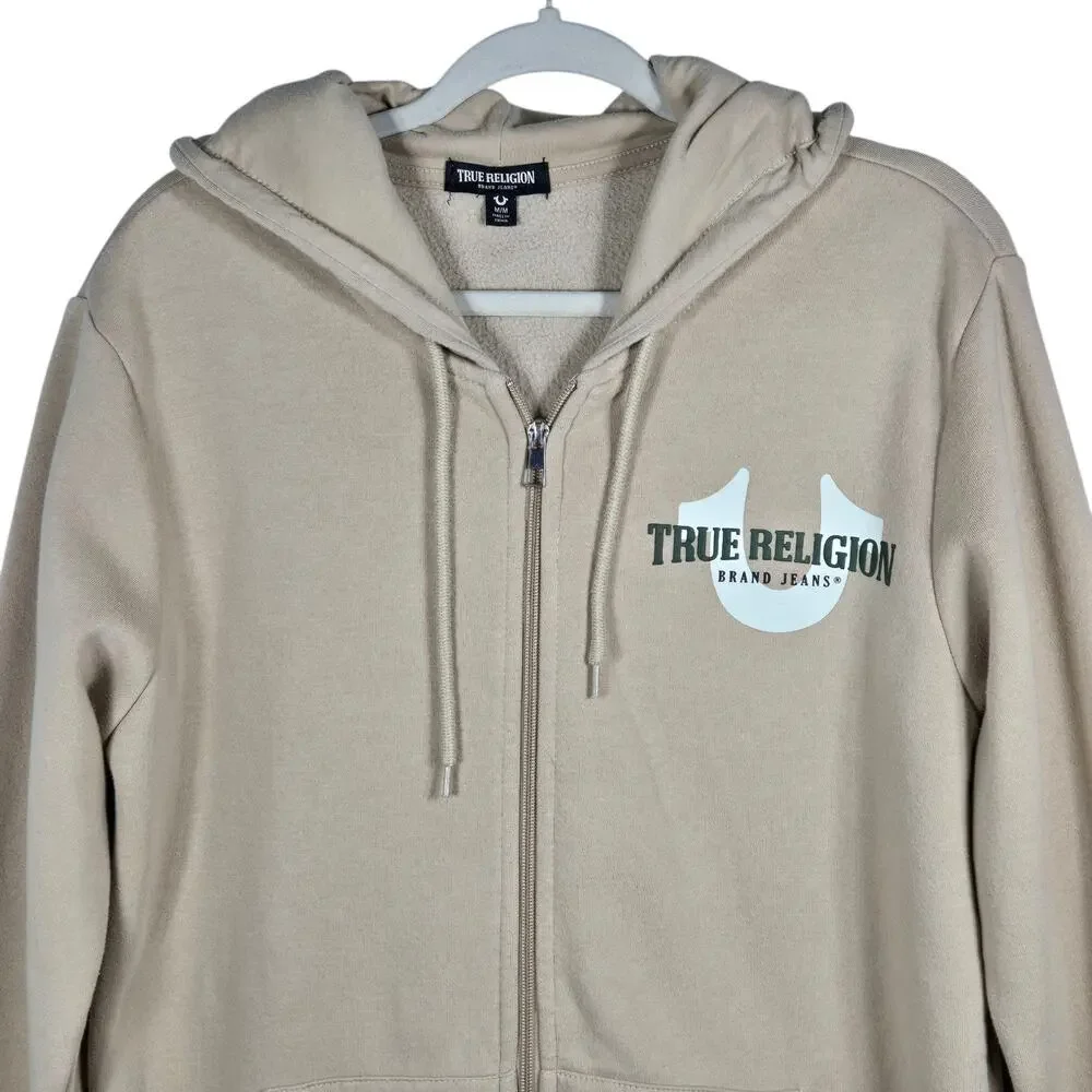 True Religion Brand Jeans Zip Hoodie Mens‎ Medium Beige Graphic Logo Sweatshirt